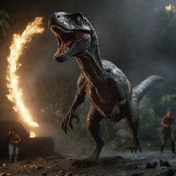 Bring adrenaline surge to the image as a freed Velociraptor launches into the air, attacking a panicking human amidst the spiralling mayhem of the blackout-ridden Jurassic Park.