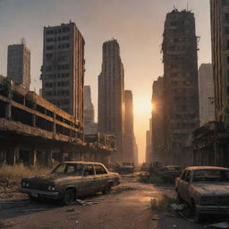 A haunting post-apocalyptic landscape, with ruined skyscrapers, overgrown streets, and abandoned vehicles, with the warm glow of a setting sun in the background.