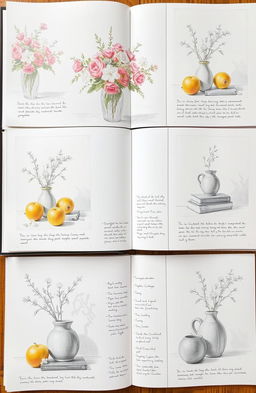 A collection of beautifully arranged still life compositions for an art student drawing book, showcasing a variety of objects such as flowers in a vase, apples, books, and pottery