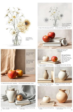 A collection of beautifully arranged still life compositions for an art student drawing book, showcasing a variety of objects such as flowers in a vase, apples, books, and pottery