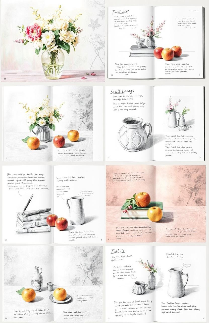 A collection of beautifully arranged still life compositions for an art student drawing book, showcasing a variety of objects such as flowers in a vase, apples, books, and pottery