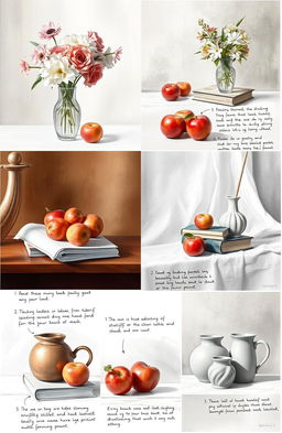 A collection of beautifully arranged still life compositions for an art student drawing book, showcasing a variety of objects such as flowers in a vase, apples, books, and pottery