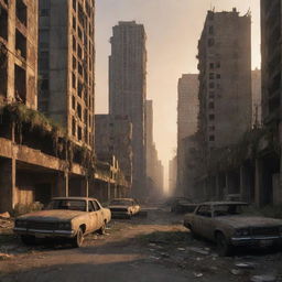 A haunting post-apocalyptic landscape, with ruined skyscrapers, overgrown streets, and abandoned vehicles, with the warm glow of a setting sun in the background.