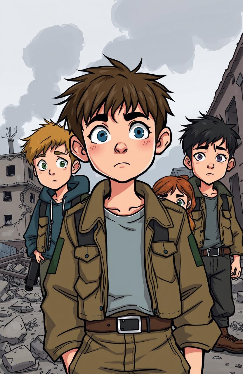 A cartoonish style illustration depicting a scene from the Bosnian War featuring three teenage boys and one girl