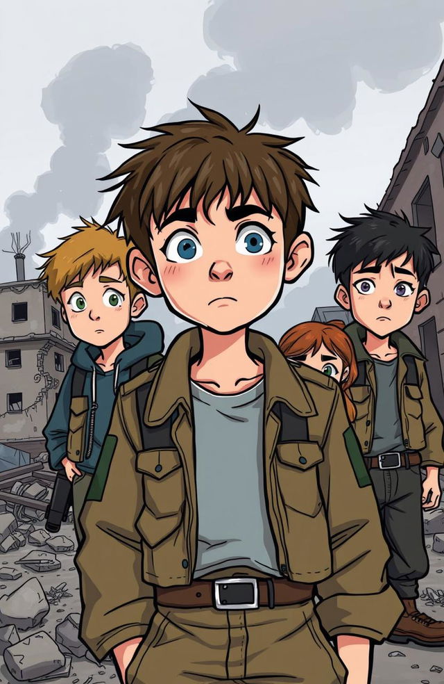 A cartoonish style illustration depicting a scene from the Bosnian War featuring three teenage boys and one girl