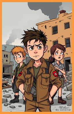 A cartoonish style illustration depicting a scene from the Bosnian War featuring three teenage boys and one girl