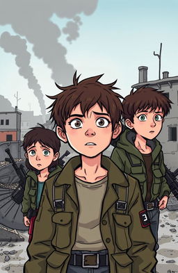 A cartoonish style illustration depicting a scene from the Bosnian War featuring three teenage boys and one girl