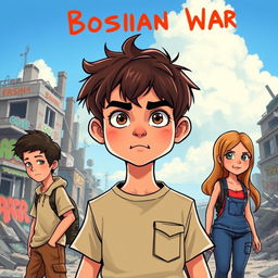 A vibrant cartoonish depiction of four teens during the Bosnian War, highlighting one boy as the main focus