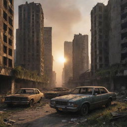 A haunting post-apocalyptic landscape, with ruined skyscrapers, overgrown streets, and abandoned vehicles, with the warm glow of a setting sun in the background.