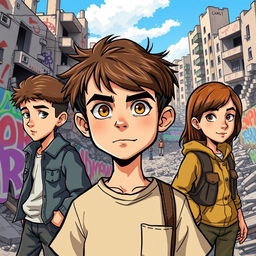 A vibrant cartoonish depiction of four teens during the Bosnian War, highlighting one boy as the main focus