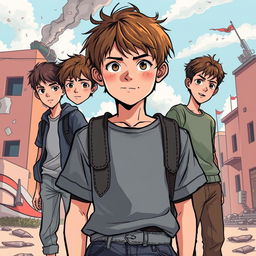 A striking illustration capturing a group of four teens during the Bosnian War, with a particular emphasis on one boy as the main character