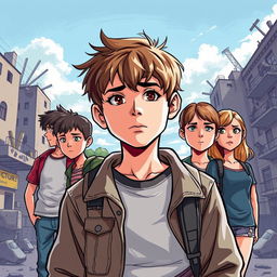 A striking illustration capturing a group of four teens during the Bosnian War, with a particular emphasis on one boy as the main character