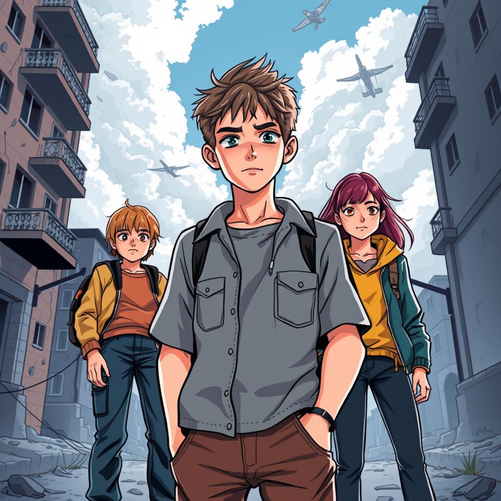 A striking illustration capturing a group of four teens during the Bosnian War, with a particular emphasis on one boy as the main character