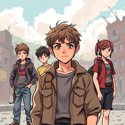 A striking illustration capturing a group of four teens during the Bosnian War, with a particular emphasis on one boy as the main character