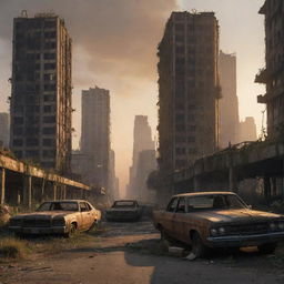 A haunting post-apocalyptic landscape, with ruined skyscrapers, overgrown streets, and abandoned vehicles, with the warm glow of a setting sun in the background.