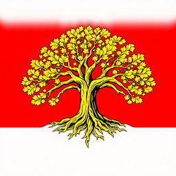 A heraldic flag or coat of arms featuring a majestic golden oak tree with intricate roots, prominently displayed on a rich red (gules) background