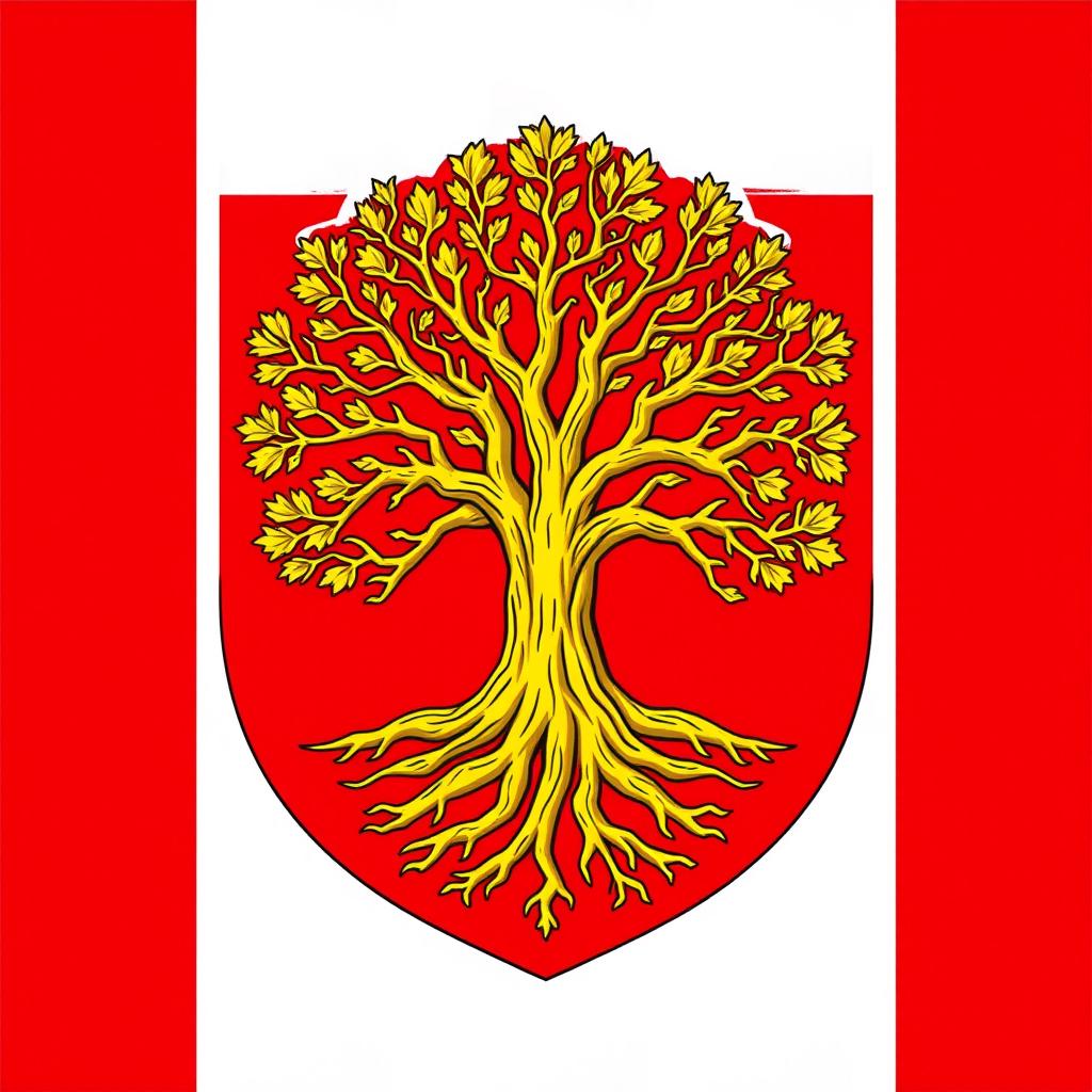 A heraldic flag or coat of arms featuring a majestic golden oak tree with intricate roots, prominently displayed on a rich red (gules) background