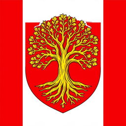 A heraldic flag or coat of arms featuring a majestic golden oak tree with intricate roots, prominently displayed on a rich red (gules) background