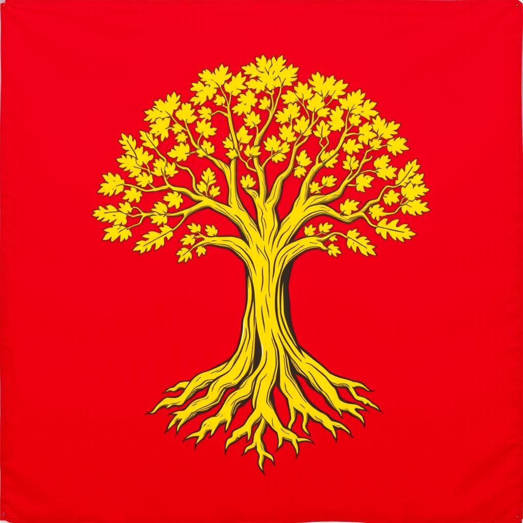 A heraldic flag or coat of arms featuring a majestic golden oak tree with intricate roots, prominently displayed on a rich red (gules) background