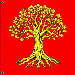 A heraldic flag or coat of arms featuring a majestic golden oak tree with intricate roots, prominently displayed on a rich red (gules) background