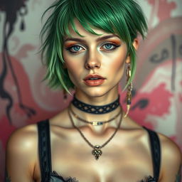 A stylish and artistic portrayal of a young woman with striking green hair, pale complexion, and a unique fashion sense that combines edgy styles with contemporary aesthetics