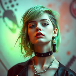 A stylish and artistic portrayal of a young woman with striking green hair, pale complexion, and a unique fashion sense that combines edgy styles with contemporary aesthetics