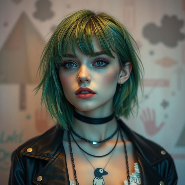 A stylish and artistic portrayal of a young woman with striking green hair, pale complexion, and a unique fashion sense that combines edgy styles with contemporary aesthetics