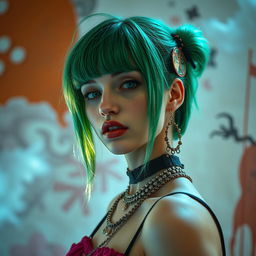 A stylish and artistic portrayal of a young woman with striking green hair, pale complexion, and a unique fashion sense that combines edgy styles with contemporary aesthetics