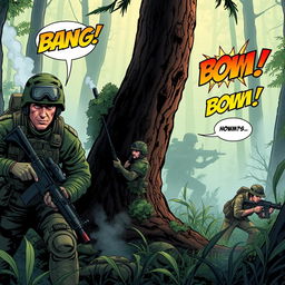 A dynamic comic panel depicting an intense war game scenario