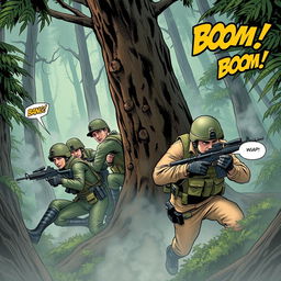 A dynamic comic panel depicting an intense war game scenario