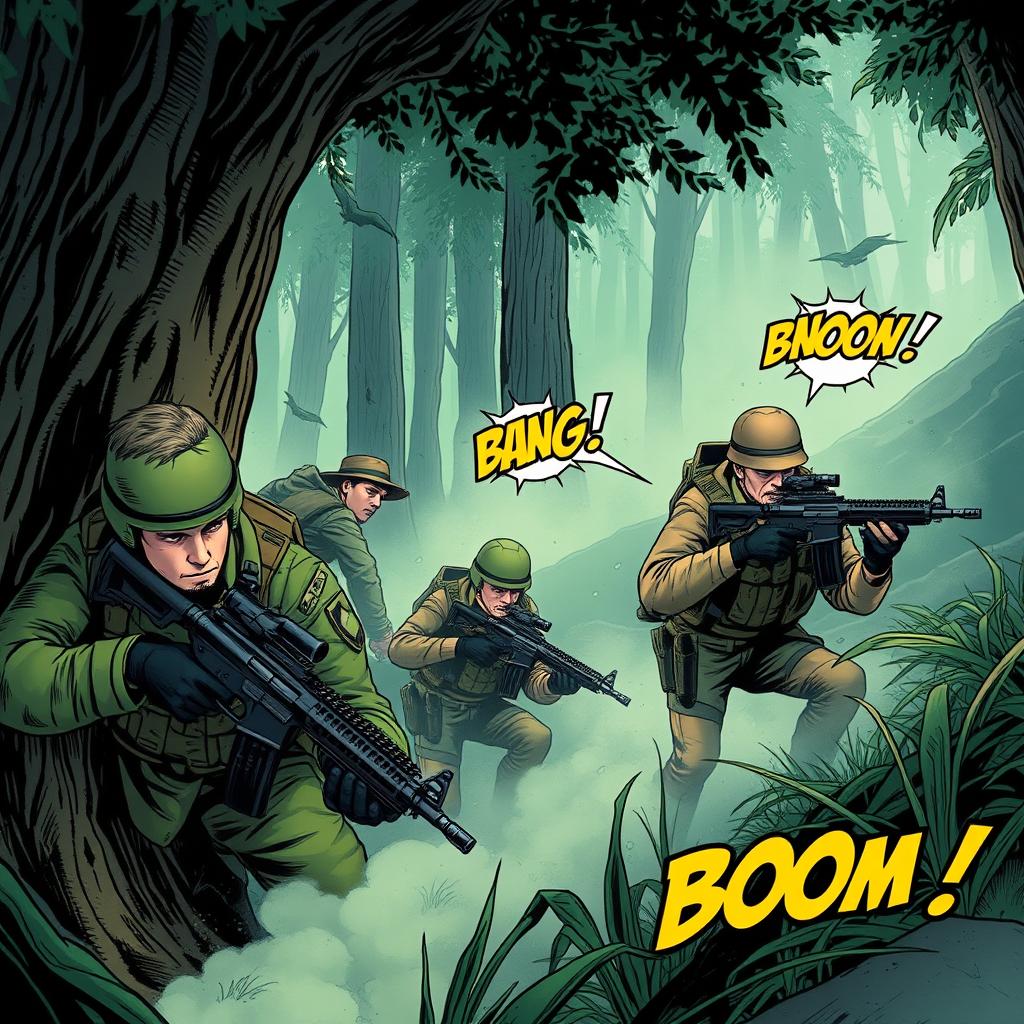 A dynamic comic panel depicting an intense war game scenario