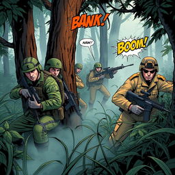 A dynamic comic panel depicting an intense war game scenario