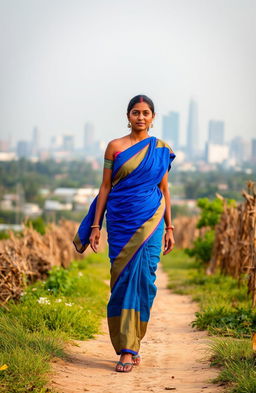 A beautiful young Indian woman dressed in a vibrant blue sari, walking gracefully along a rural dirt path