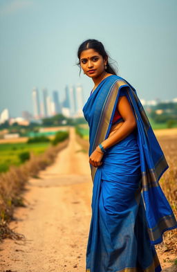 A beautiful young Indian woman dressed in a vibrant blue sari, walking gracefully along a rural dirt path