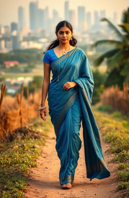 A beautiful young Indian woman dressed in a vibrant blue sari, walking gracefully along a rural dirt path