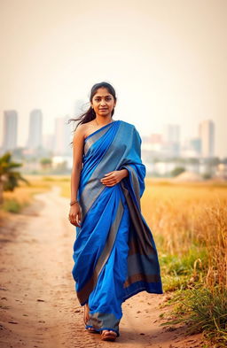 A beautiful young Indian woman dressed in a vibrant blue sari, walking gracefully along a rural dirt path