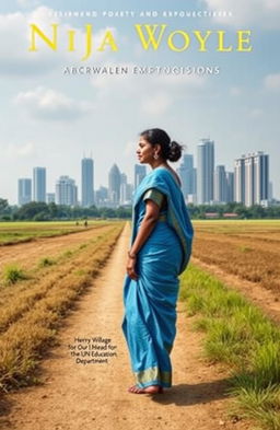 A book cover design featuring a young Indian woman dressed in a blue sari, gracefully walking along a rural dirt path that stretches into the distance