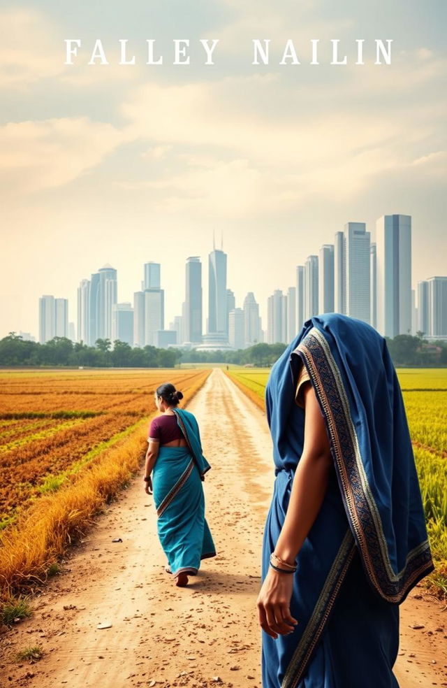 A book cover design featuring a young Indian woman dressed in a blue sari, gracefully walking along a rural dirt path that stretches into the distance