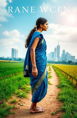 A book cover design featuring a young Indian woman dressed in a blue sari, gracefully walking along a rural dirt path that stretches into the distance