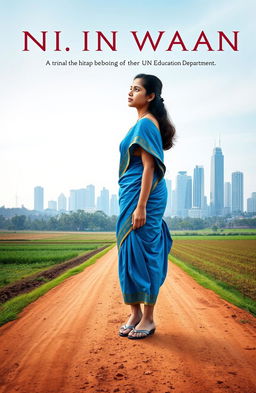 A book cover design featuring a young Indian woman dressed in a blue sari, gracefully walking along a rural dirt path that stretches into the distance