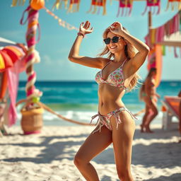 A stunning beach scene featuring a glamorous woman inspired by Elizabeth Olsen, wearing an alluring bikini that showcases her figure, passionately dancing to a lively summer beat