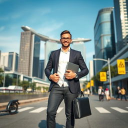 a typical aspiring businessman in Singapore, wearing a smart casual outfit including a tailored blazer and dress shoes, confidently standing in front of a modern Singapore skyline with skyscrapers and the Marina Bay Sands in the background, holding a laptop and a briefcase, dynamic pose, showcasing ambition and professionalism, daytime with a clear blue sky, street life bustling around him