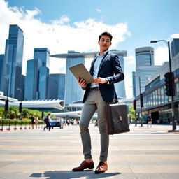 a typical aspiring businessman in Singapore, wearing a smart casual outfit including a tailored blazer and dress shoes, confidently standing in front of a modern Singapore skyline with skyscrapers and the Marina Bay Sands in the background, holding a laptop and a briefcase, dynamic pose, showcasing ambition and professionalism, daytime with a clear blue sky, street life bustling around him