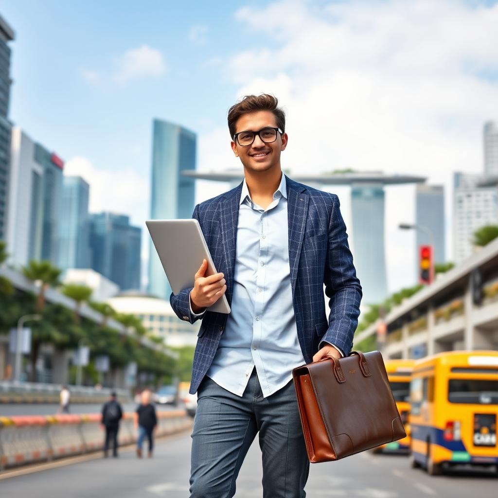 a typical aspiring businessman in Singapore, wearing a smart casual outfit including a tailored blazer and dress shoes, confidently standing in front of a modern Singapore skyline with skyscrapers and the Marina Bay Sands in the background, holding a laptop and a briefcase, dynamic pose, showcasing ambition and professionalism, daytime with a clear blue sky, street life bustling around him