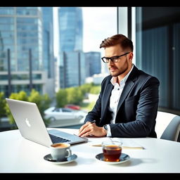 A typical aspiring businessman in Finland, dressed in a smart-casual outfit with a stylish jacket and well-fitted shirt, sitting at a modern office desk with a laptop open in front of him