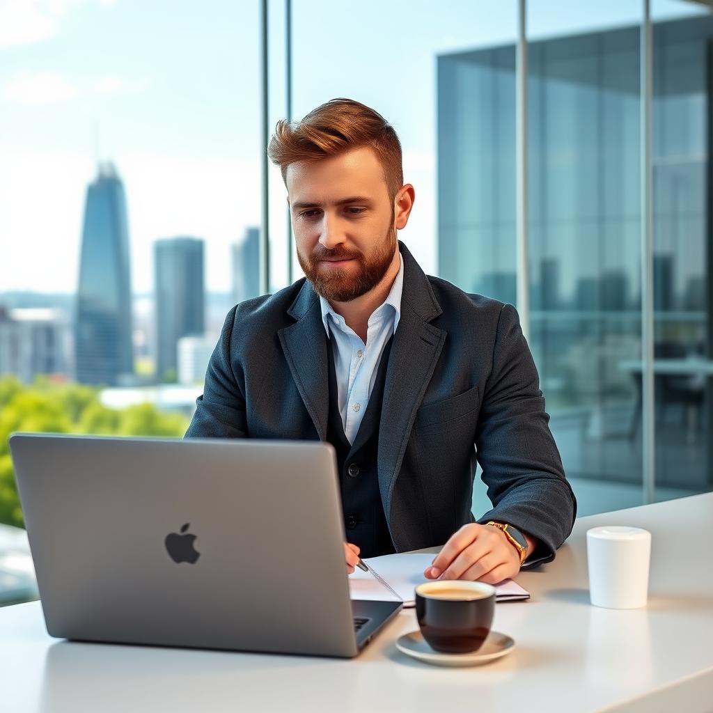 A typical aspiring businessman in Finland, dressed in a smart-casual outfit with a stylish jacket and well-fitted shirt, sitting at a modern office desk with a laptop open in front of him