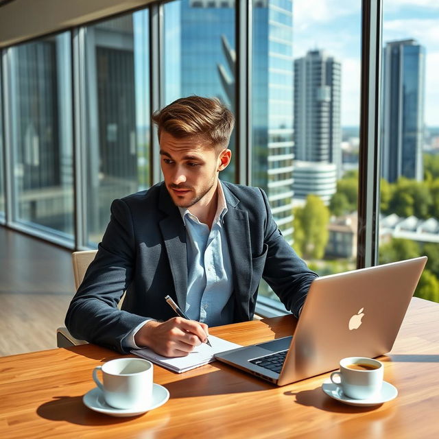 A typical aspiring businessman in Finland, dressed in a smart-casual outfit with a stylish jacket and well-fitted shirt, sitting at a modern office desk with a laptop open in front of him