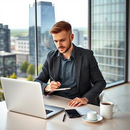 A typical aspiring businessman in Finland, dressed in a smart-casual outfit with a stylish jacket and well-fitted shirt, sitting at a modern office desk with a laptop open in front of him