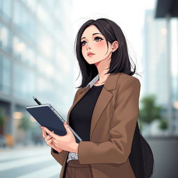 A modern and elegant girl with shoulder-length hair, confidently holding a pen and tablet, gazing thoughtfully into the distance