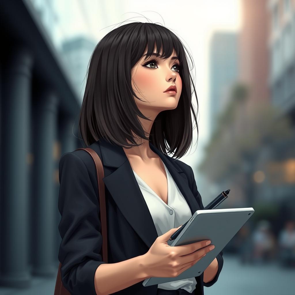 A modern and elegant girl with shoulder-length hair, confidently holding a pen and tablet, gazing thoughtfully into the distance